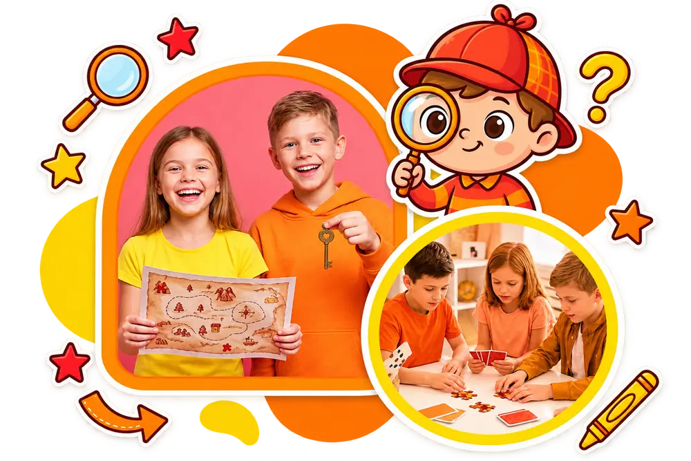 Niños jugando con un mapa del tesoro y resolviendo un caso en la mesa, con la mascota detective